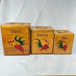 Vintage Nasco Wooden Rooster Canister Set hand painted Japan Made